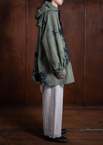 SUZUSAN Recycled Ripstop Nylon Hooded Half Coat Tesuji Yoroidan Shibori """"""""Diagonal"""""""" Black x Khaki