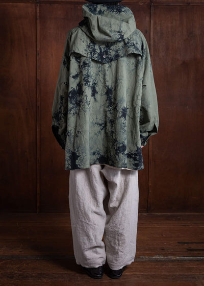 SUZUSAN Recycled Ripstop Nylon Hooded Half Coat Tesuji Yoroidan Shibori """"""""Diagonal"""""""" Black x Khaki