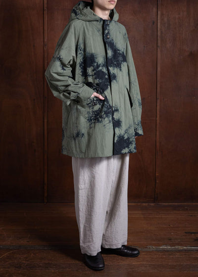 SUZUSAN Recycled Ripstop Nylon Hooded Half Coat Tesuji Yoroidan Shibori """"""""Diagonal"""""""" Black x Khaki