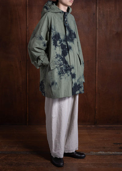 SUZUSAN Recycled Ripstop Nylon Hooded Half Coat Tesuji Yoroidan Shibori """"""""Diagonal"""""""" Black x Khaki