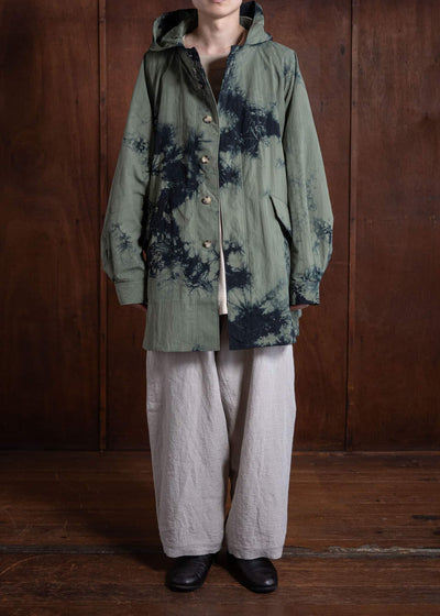 SUZUSAN Recycled Ripstop Nylon Hooded Half Coat Tesuji Yoroidan Shibori """"""""Diagonal"""""""" Black x Khaki