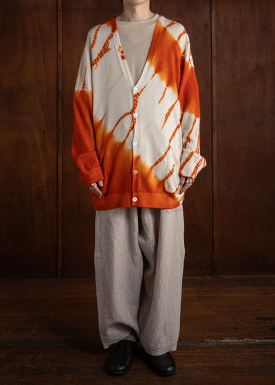SUZUSAN Cashmere Seamless Wide Cardigan Tesuji Yoroidan Shibori Diagonal Burnt Orange x Natural White
