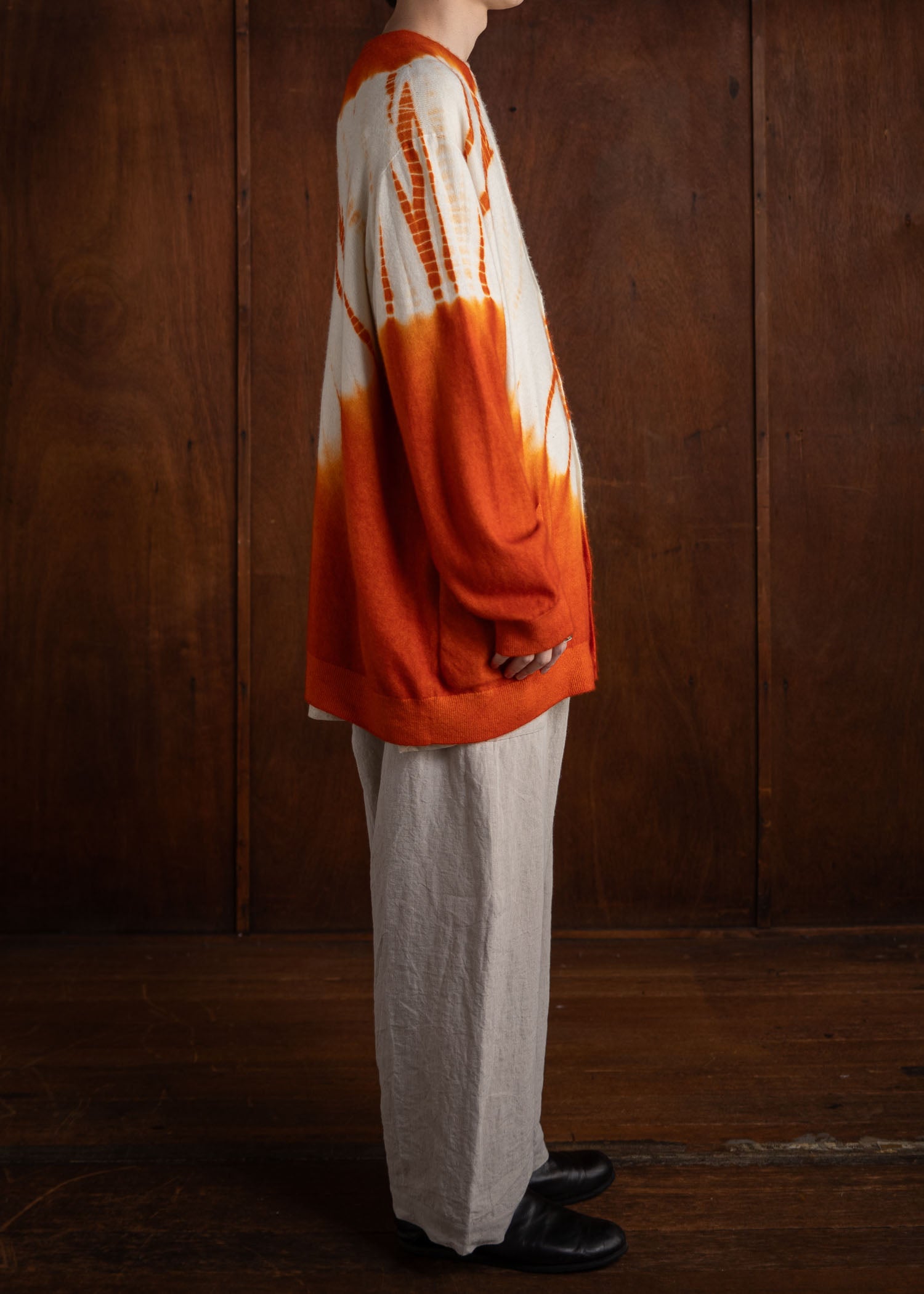 SUZUSAN Cashmere Seamless Wide Cardigan Tesuji Yoroidan Shibori Diagonal Burnt Orange x Natural White