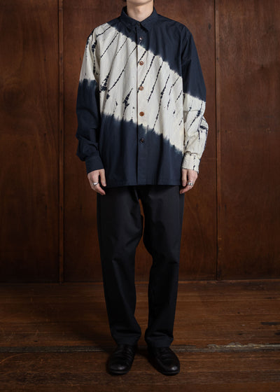 SUZUSAN Cotton Long Sleeve Overshirt(Tesuji Yoroidan Shibori """"""""""""""""Diagonal"""""""""""""""") Black x Light Grey