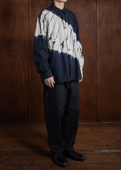 SUZUSAN Cotton Long Sleeve Overshirt(Tesuji Yoroidan Shibori """"""""""""""""Diagonal"""""""""""""""") Black x Light Grey
