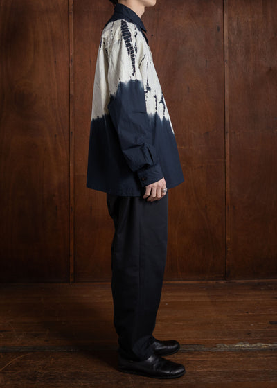 SUZUSAN Cotton Long Sleeve Overshirt(Tesuji Yoroidan Shibori """"""""""""""""Diagonal"""""""""""""""") Black x Light Grey