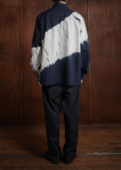 SUZUSAN Cotton Long Sleeve Overshirt(Tesuji Yoroidan Shibori """"""""""""""""Diagonal"""""""""""""""") Black x Light Grey