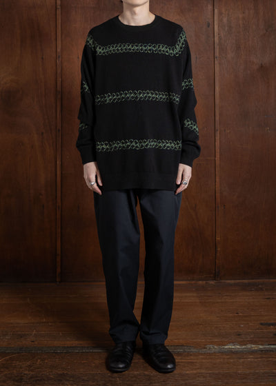 SUZUSAN Cashmere Seamless Crew Neck Wide Pullover(Yatara Miura Shibori """"""""Border"""""""") Black x Leaf Green