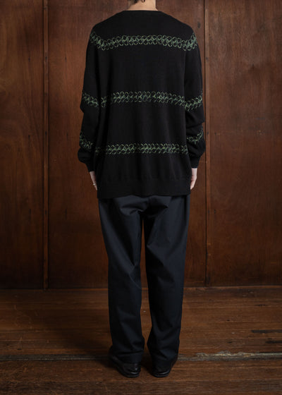 SUZUSAN Cashmere Seamless Crew Neck Wide Pullover(Yatara Miura Shibori """"""""Border"""""""") Black x Leaf Green