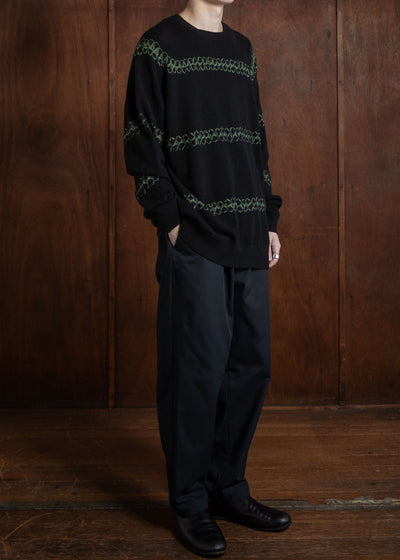 SUZUSAN Cashmere Seamless Crew Neck Wide Pullover(Yatara Miura Shibori """"""""Border"""""""") Black x Leaf Green