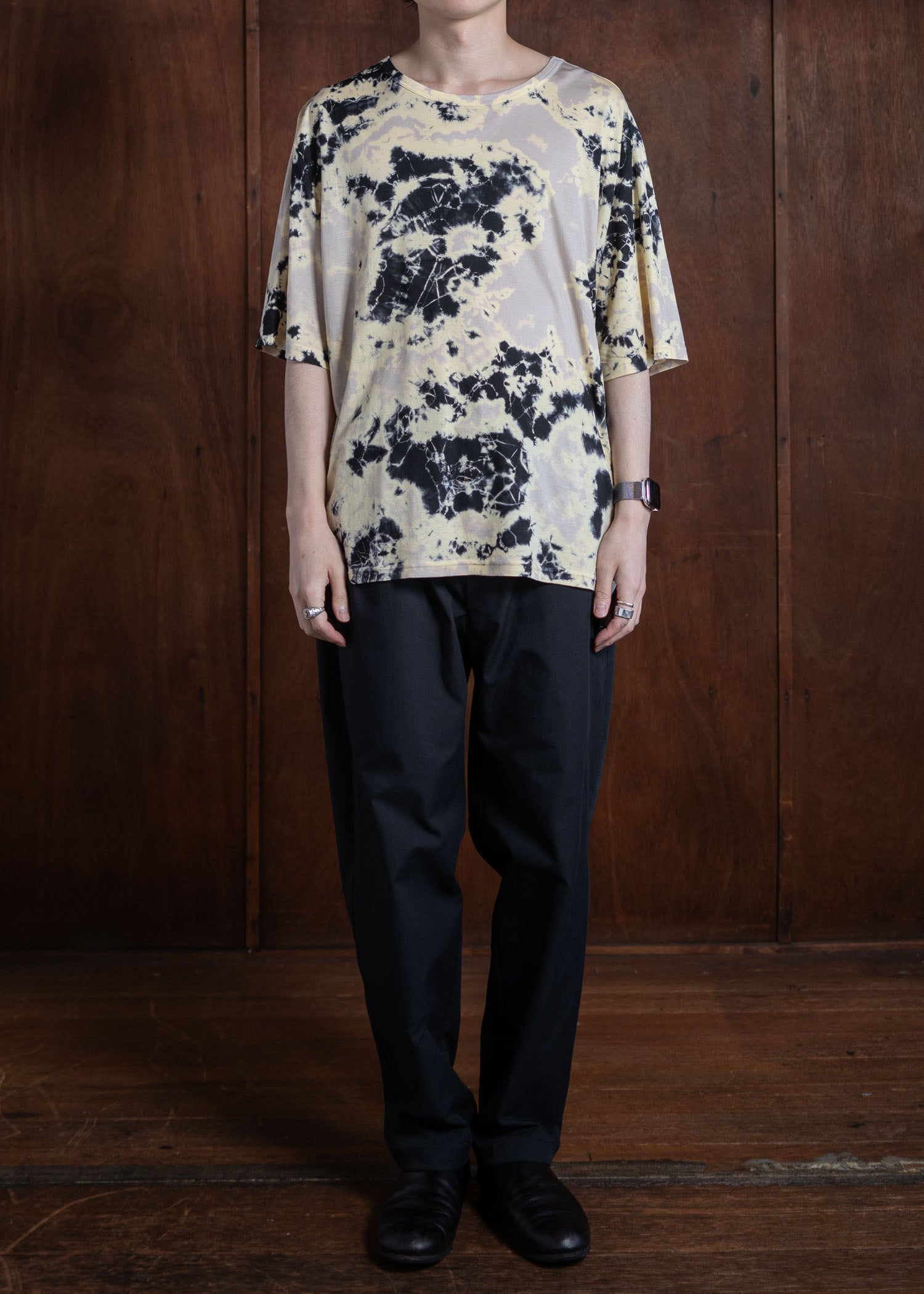 SUZUSAN Micro Modal Short Sleeve T-Shirt(Madara Shibori) Black x  Grege