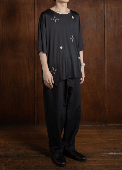 SUZUSAN Micro Modal Short Sleeve T-Shirt(Tsukidashi Kanoko Shibori """"o+"""") Black x  Grege