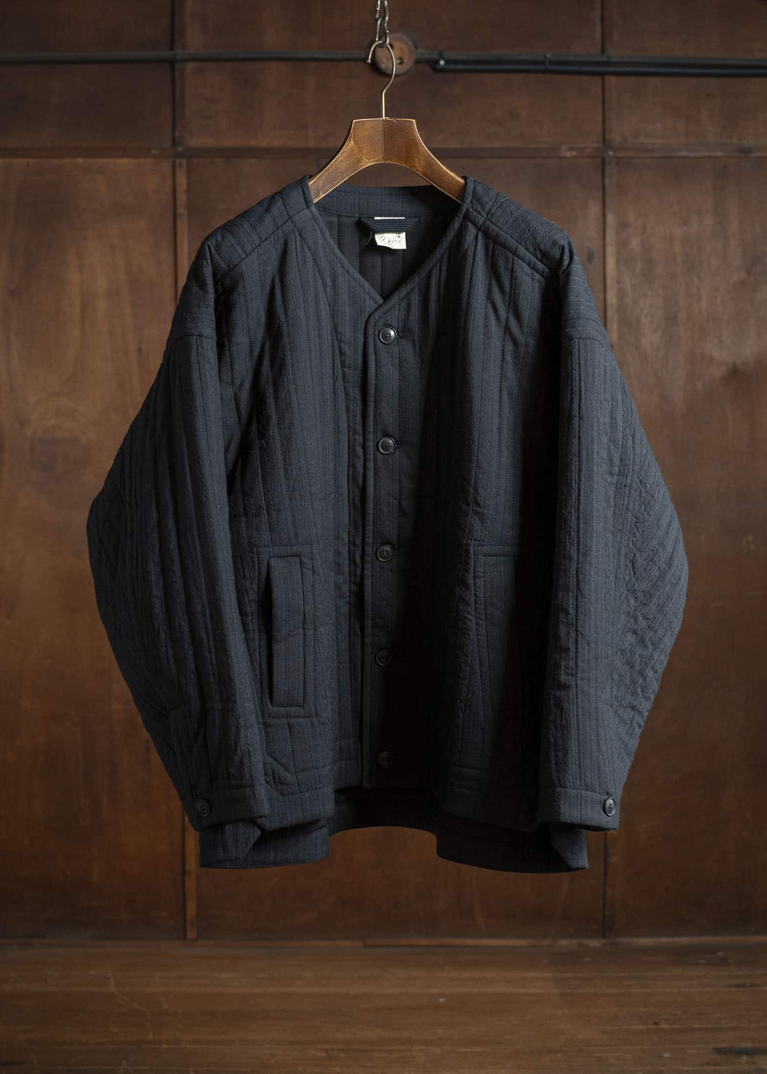 JAN-JAN VAN ESSCHE JACKET #62 COLLARLESS PADDED JACKET Medium Seersucker Dark Stripe