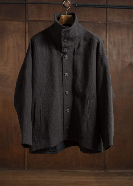 JAN-JAN VAN ESSCHE JACKET #61 JACKET WITH HIGH NECK STANDING COLLAR Ridged Linen Wool Eggplant / Indigo