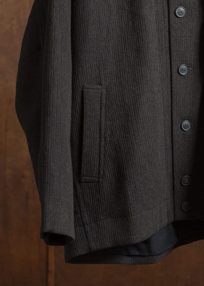 JAN-JAN VAN ESSCHE JACKET #61 JACKET WITH HIGH NECK STANDING COLLAR Ridged Linen Wool Eggplant / Indigo