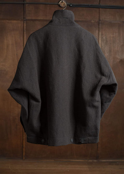 JAN-JAN VAN ESSCHE JACKET #61 JACKET WITH HIGH NECK STANDING COLLAR Ridged Linen Wool Eggplant / Indigo