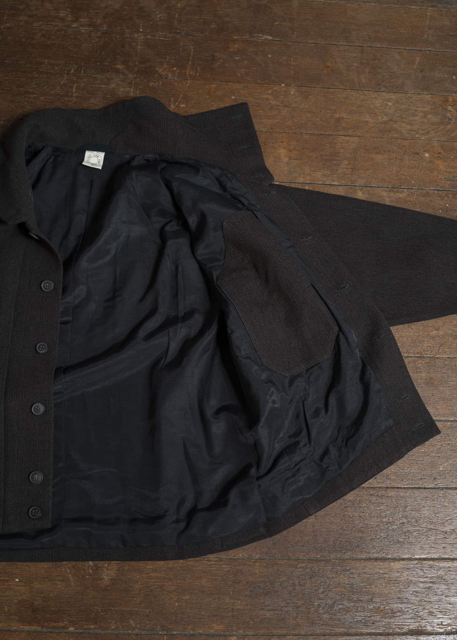 JAN-JAN VAN ESSCHE JACKET #61 JACKET WITH HIGH NECK STANDING COLLAR Ridged Linen Wool Eggplant / Indigo