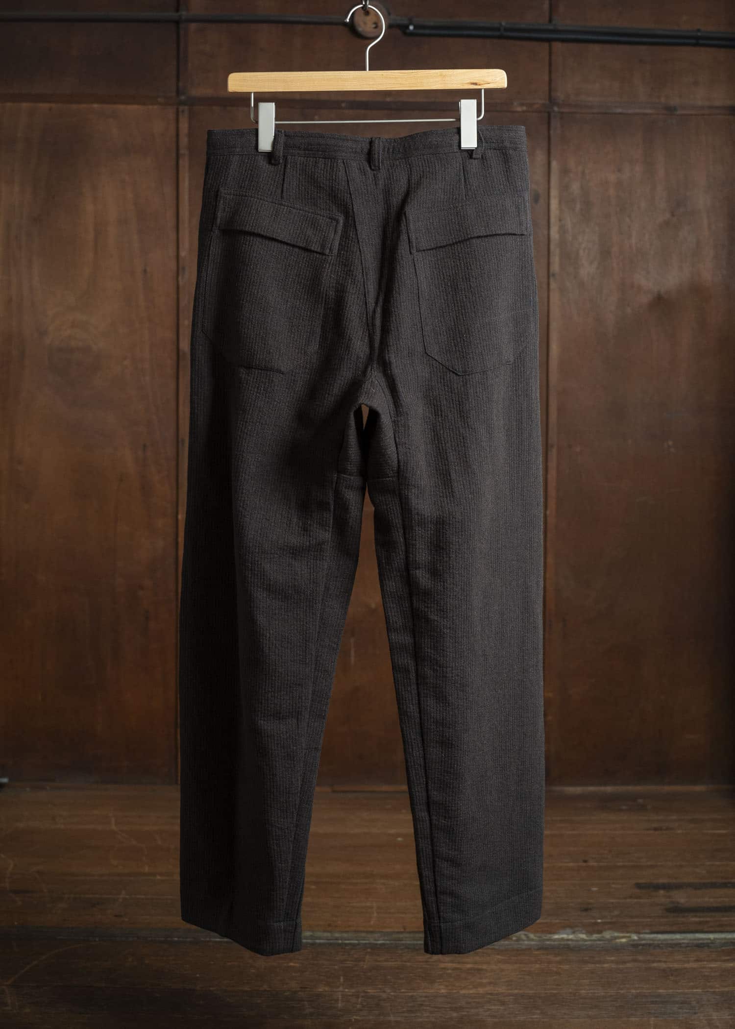 JAN-JAN VAN ESSCHE TROSERS #72 CHINO STYLE TROUSERS Ridged Linen Wool Eggplant / Indigo