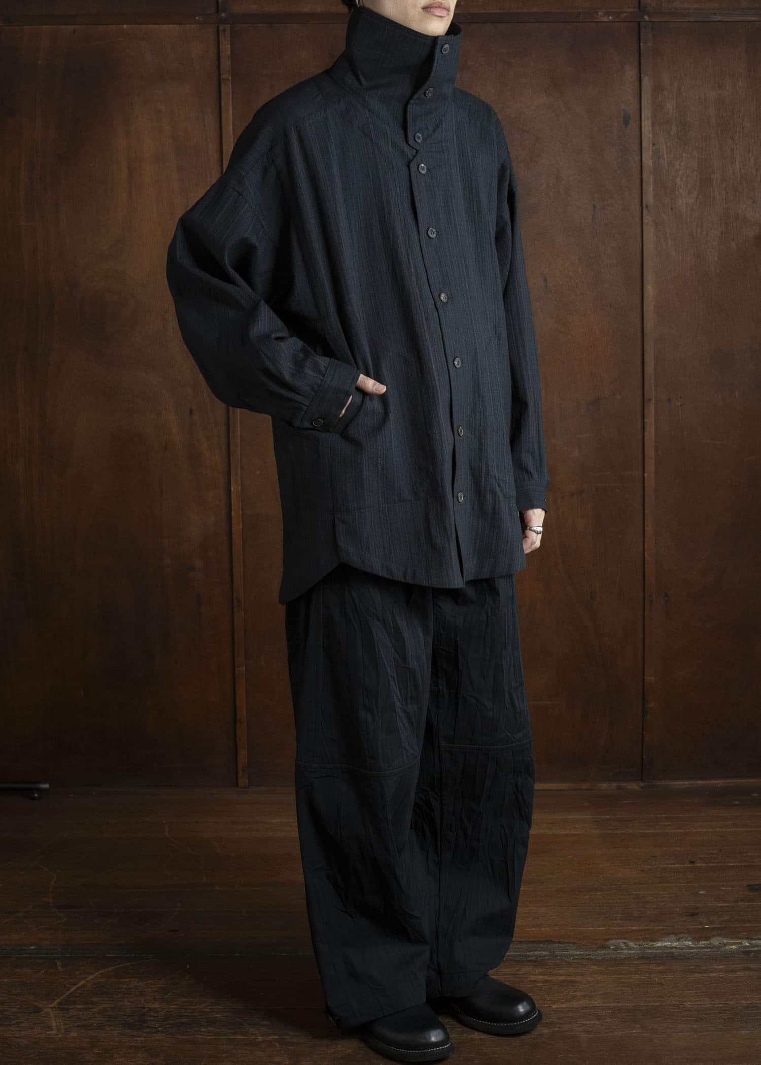 JAN-JAN VAN ESSCHE SHIRT#110 SHIRT JACKET WITH HIGH Medium Seersucker Dark Stripe