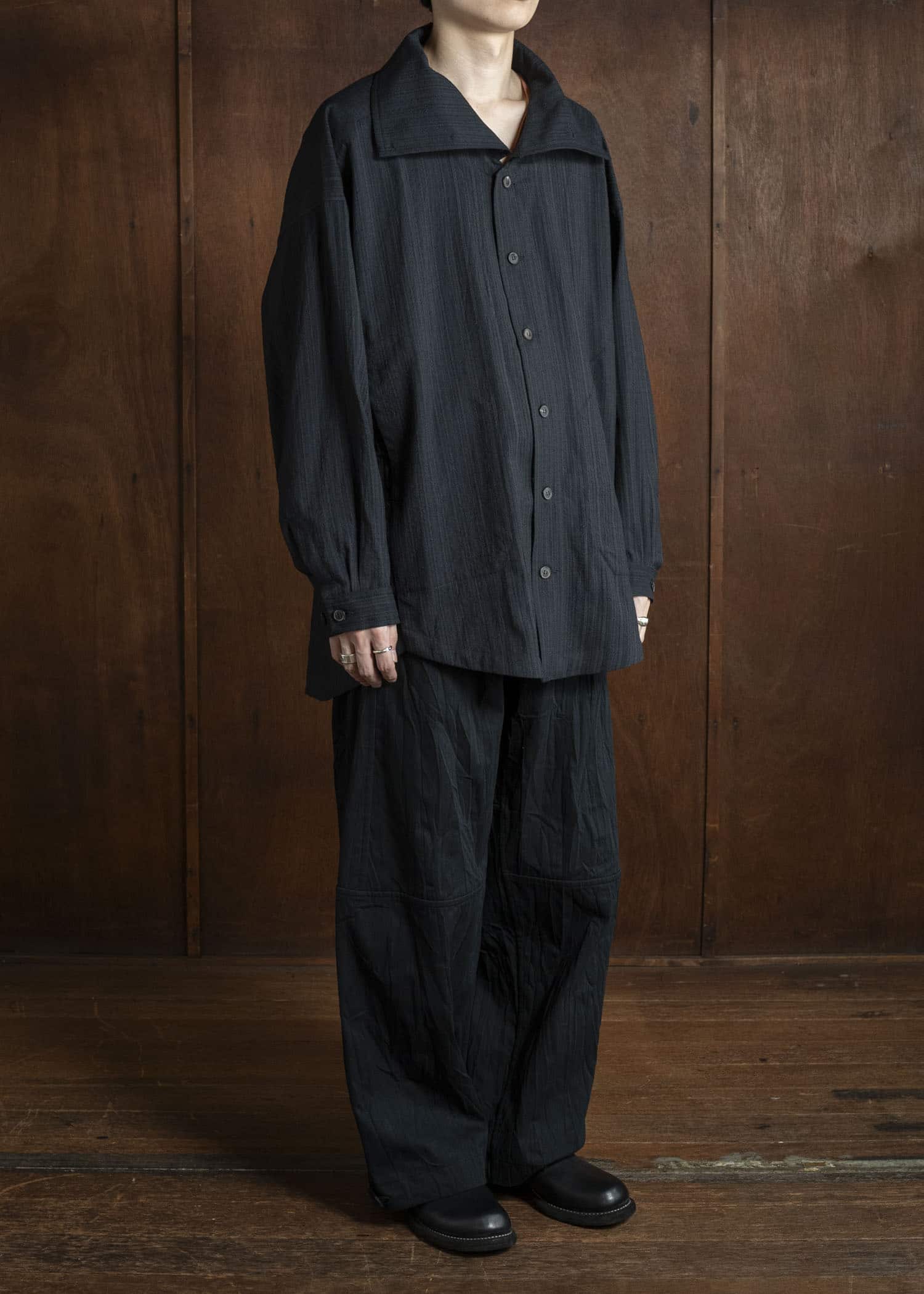 JAN-JAN VAN ESSCHE SHIRT#110 SHIRT JACKET WITH HIGH Medium Seersucker Dark Stripe