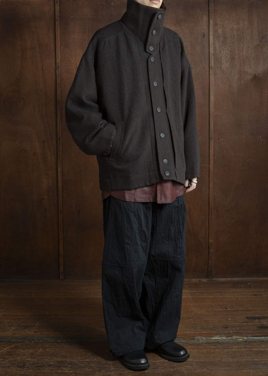 JAN-JAN VAN ESSCHE JACKET #61 JACKET WITH HIGH NECK STANDING COLLAR Ridged Linen Wool Eggplant / Indigo