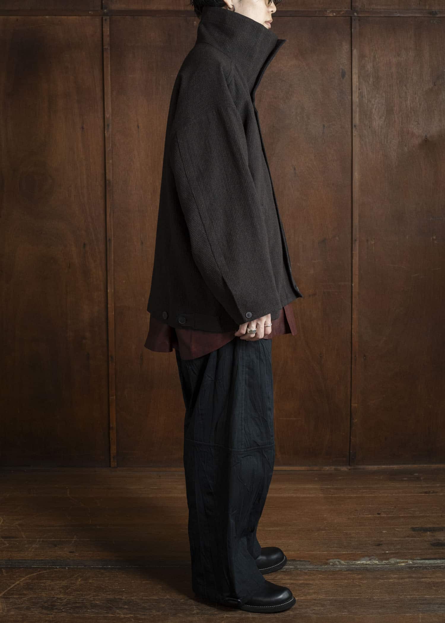 JAN-JAN VAN ESSCHE JACKET #61 JACKET WITH HIGH NECK STANDING COLLAR Ridged Linen Wool Eggplant / Indigo