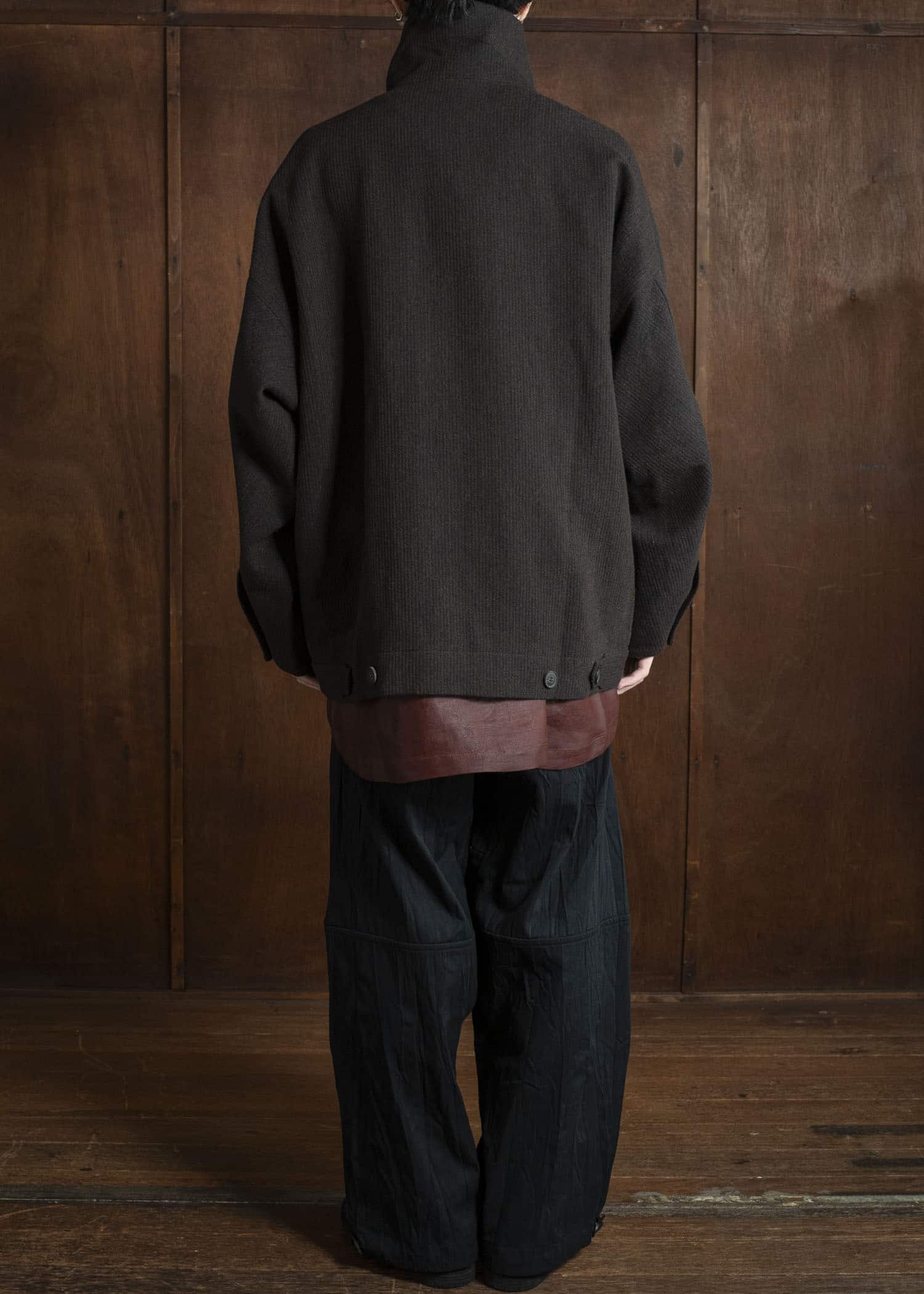 JAN-JAN VAN ESSCHE JACKET #61 JACKET WITH HIGH NECK STANDING COLLAR Ridged Linen Wool Eggplant / Indigo