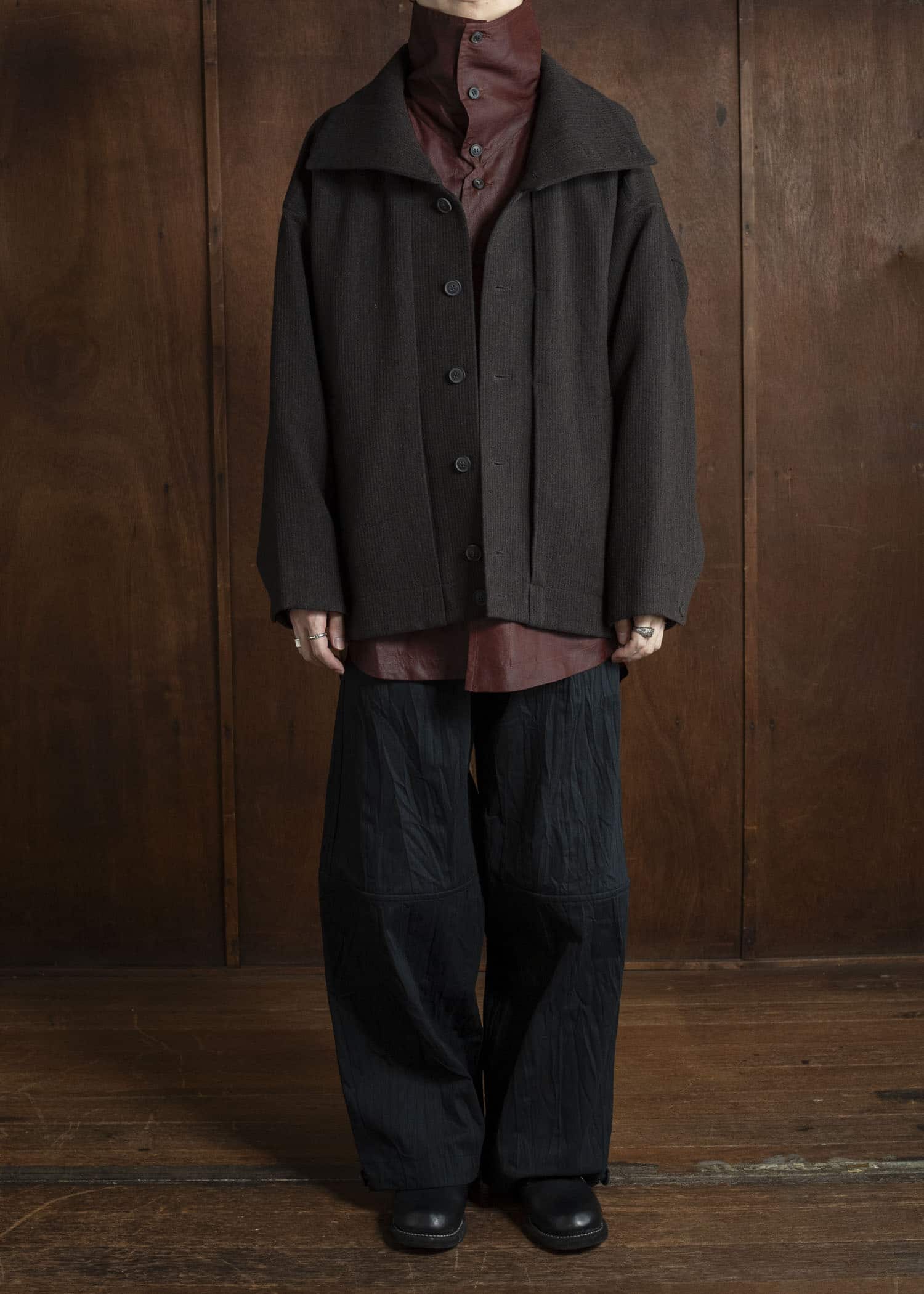 JAN-JAN VAN ESSCHE JACKET #61 JACKET WITH HIGH NECK STANDING COLLAR Ridged Linen Wool Eggplant / Indigo