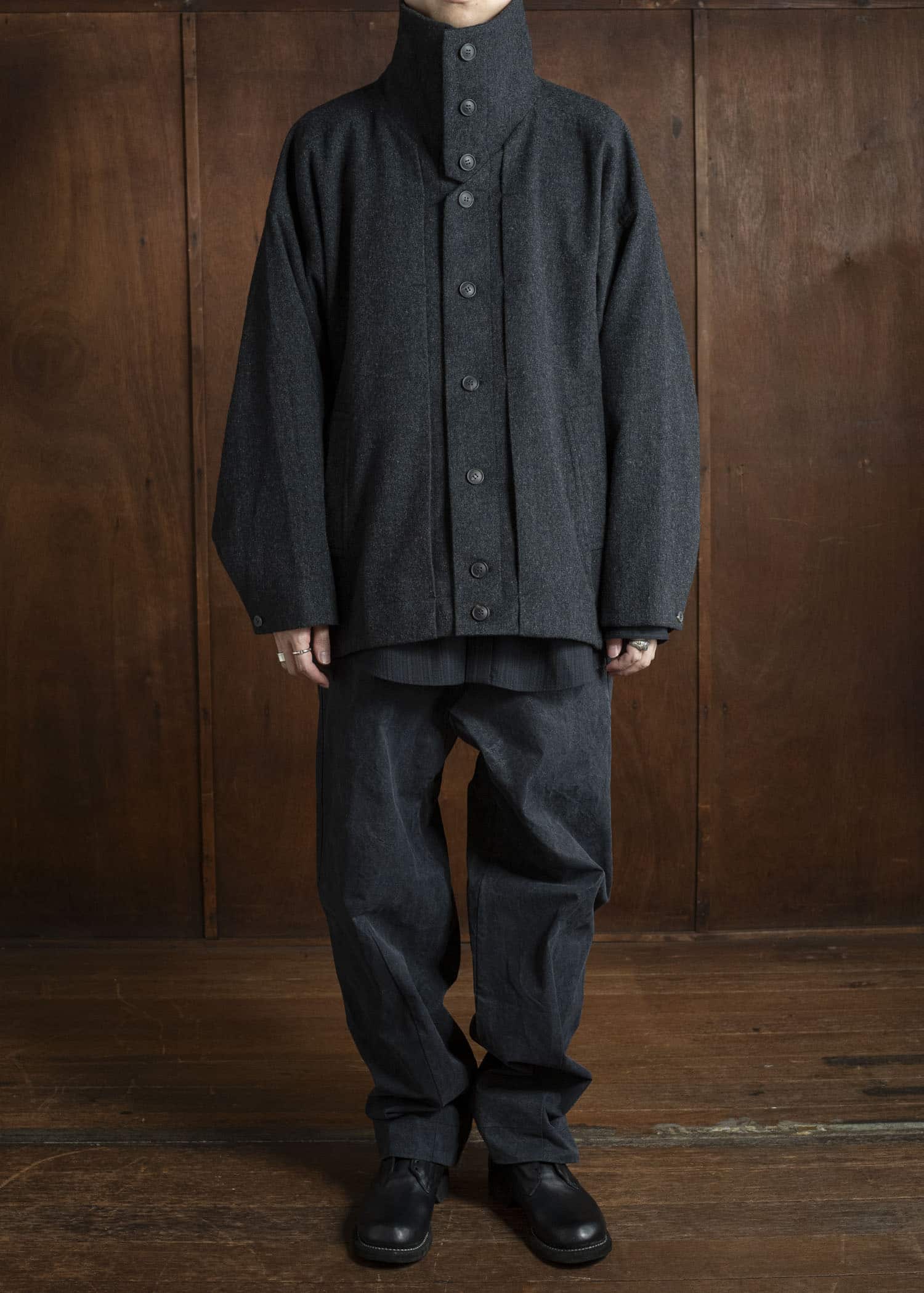 JAN-JAN VAN ESSCHE JACKET #61 JACKET WITH HIGH NECK STANDING COLLAR Soft Brushed Twill Anthracite