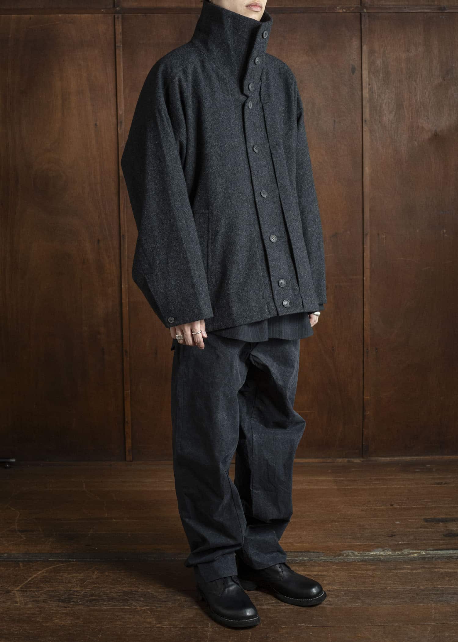 JAN-JAN VAN ESSCHE JACKET #61 JACKET WITH HIGH NECK STANDING COLLAR Soft Brushed Twill Anthracite