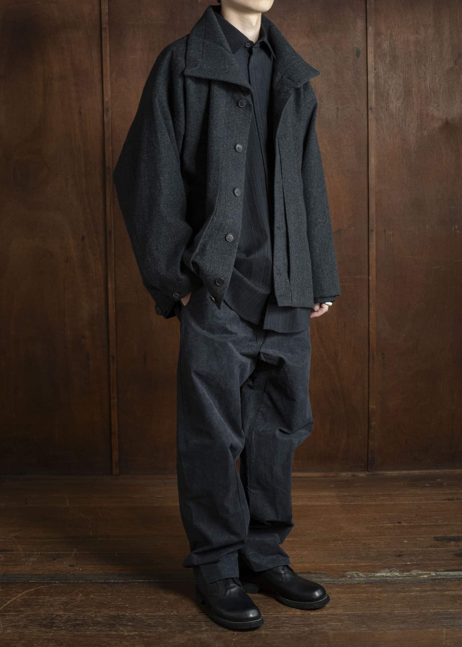 JAN-JAN VAN ESSCHE JACKET #61 JACKET WITH HIGH NECK STANDING COLLAR Soft Brushed Twill Anthracite