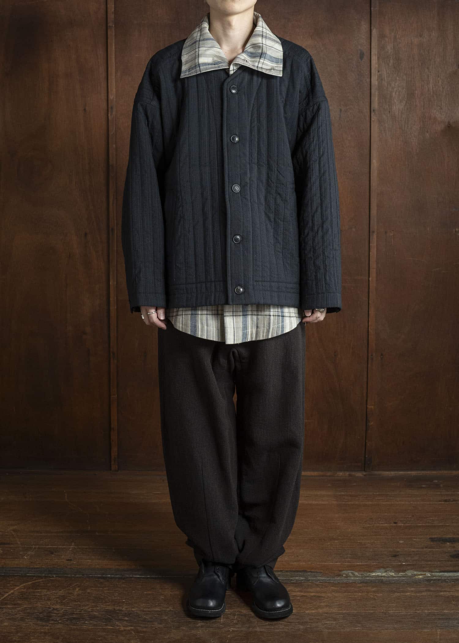 JAN-JAN VAN ESSCHE JACKET #62 COLLARLESS PADDED JACKET Medium Seersucker Dark Stripe