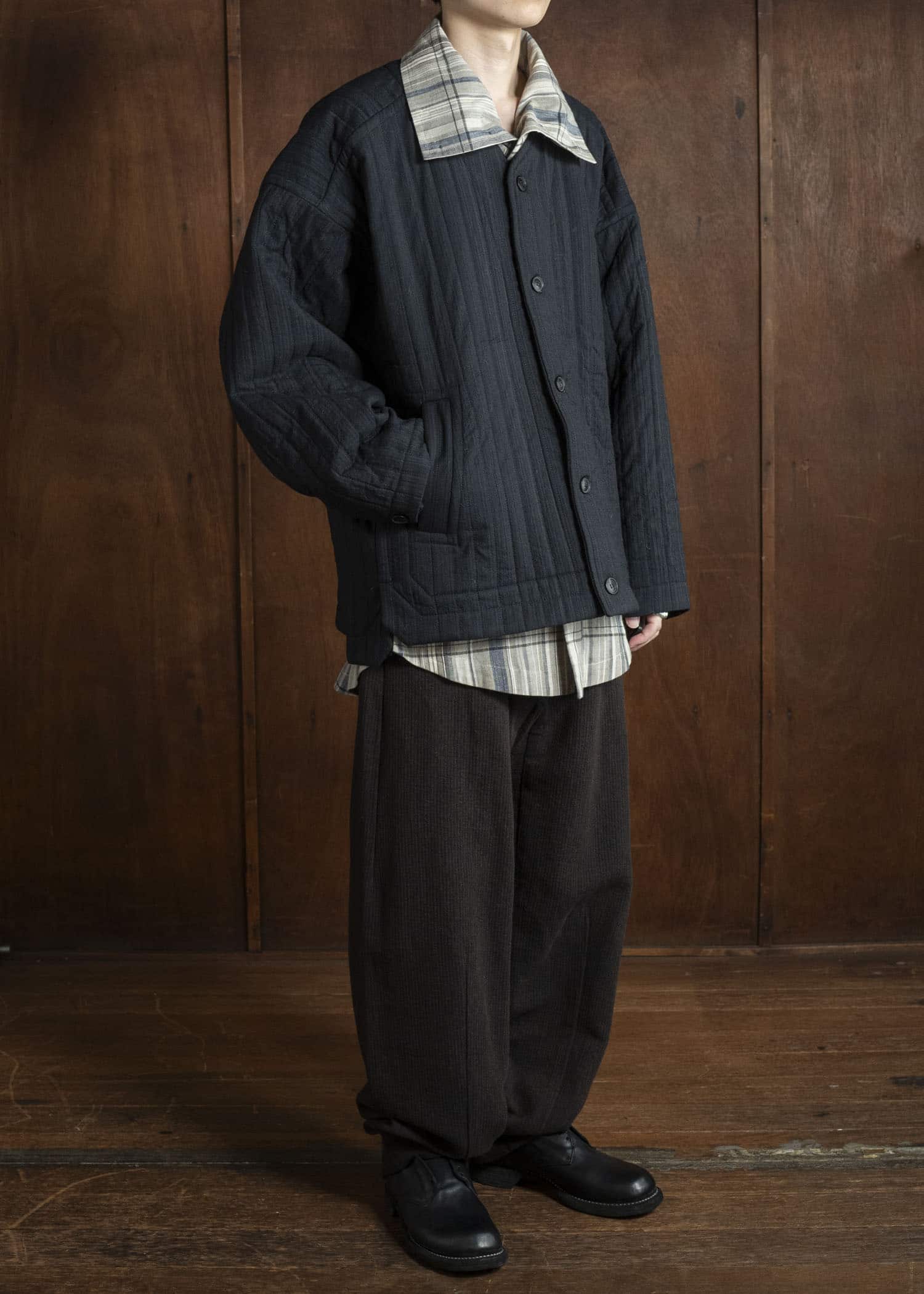 JAN-JAN VAN ESSCHE JACKET #62 COLLARLESS PADDED JACKET Medium Seersucker Dark Stripe