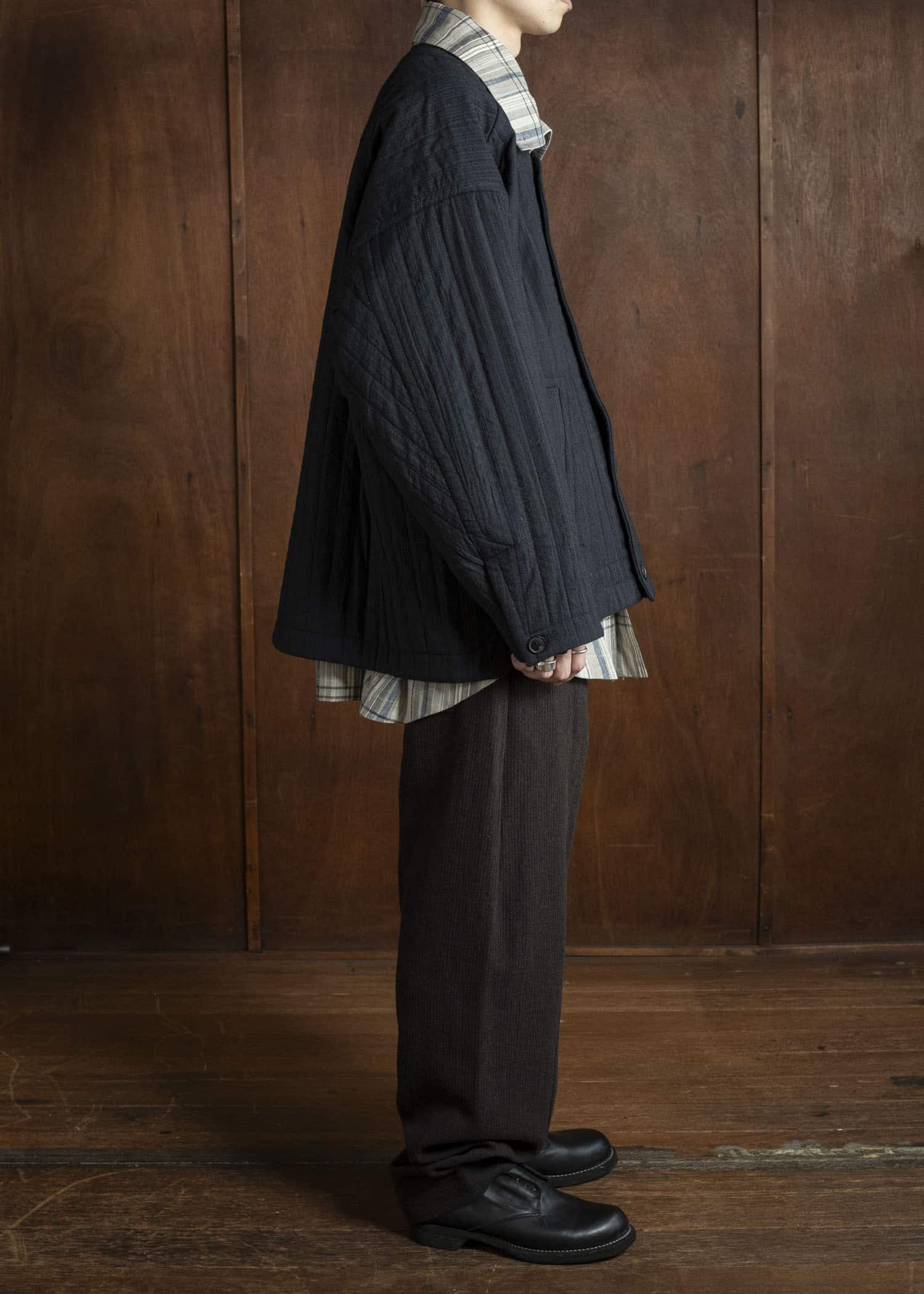 JAN-JAN VAN ESSCHE JACKET #62 COLLARLESS PADDED JACKET Medium Seersucker Dark Stripe