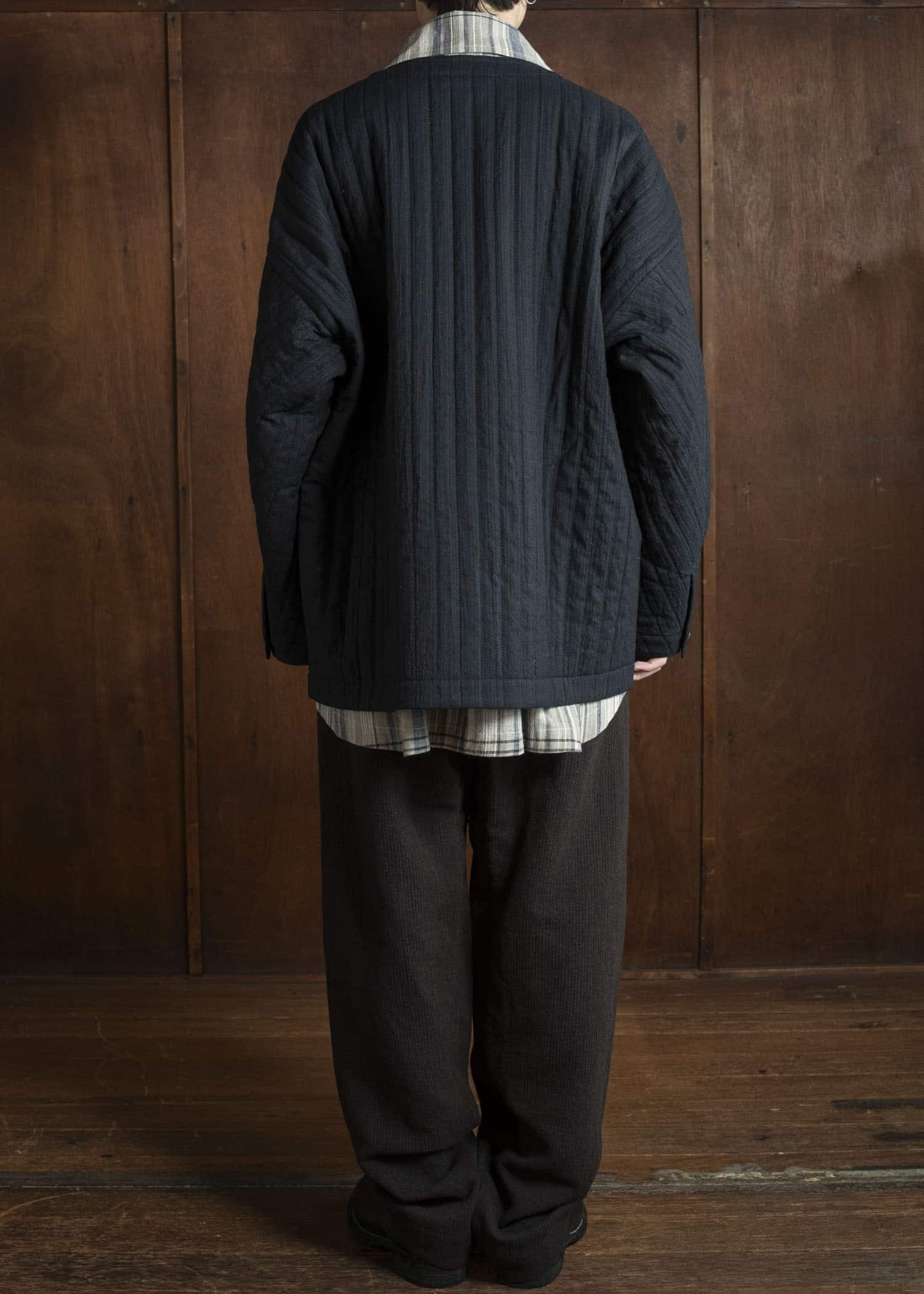 JAN-JAN VAN ESSCHE JACKET #62 COLLARLESS PADDED JACKET Medium Seersucker Dark Stripe