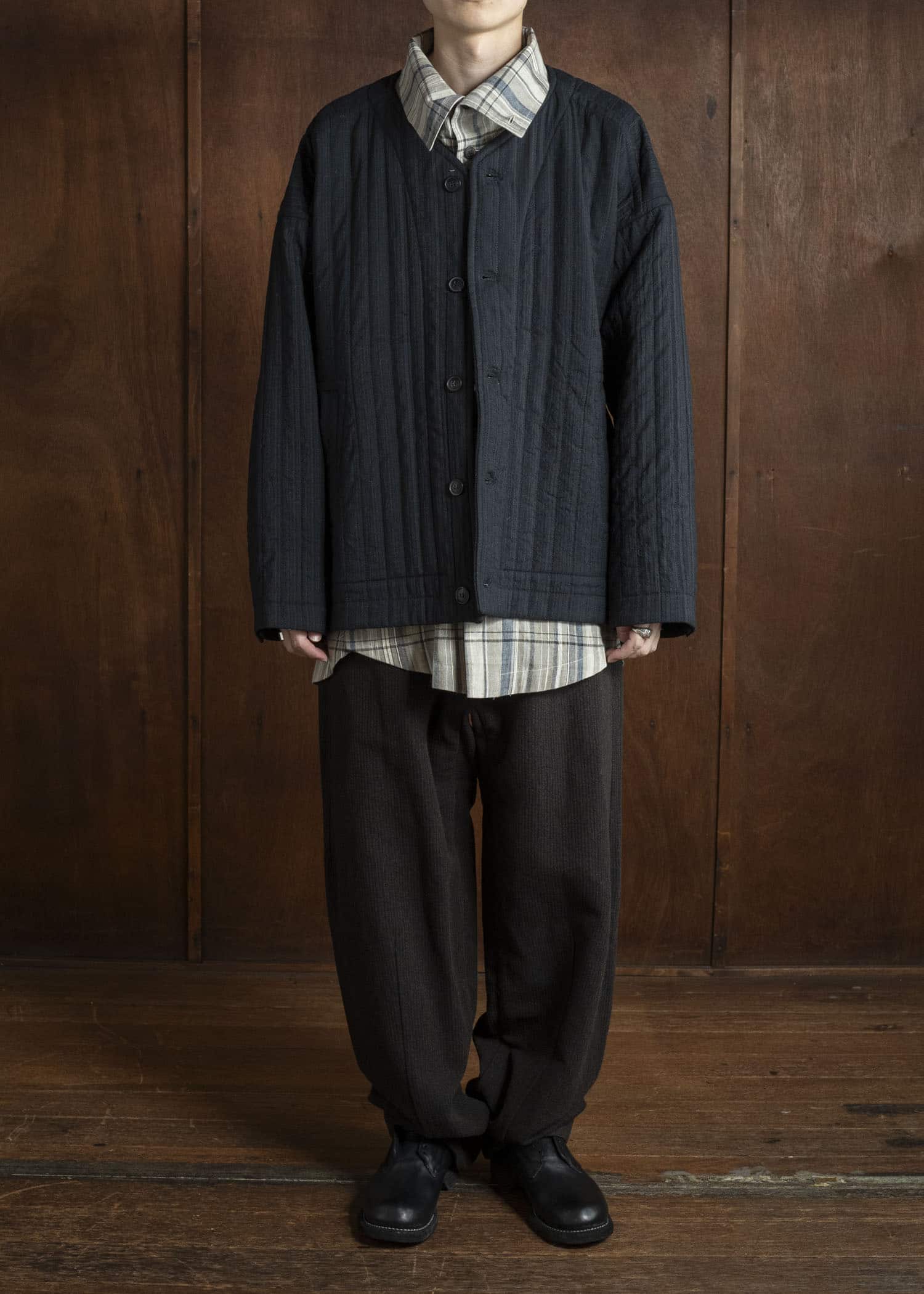 JAN-JAN VAN ESSCHE JACKET #62 COLLARLESS PADDED JACKET Medium Seersucker Dark Stripe