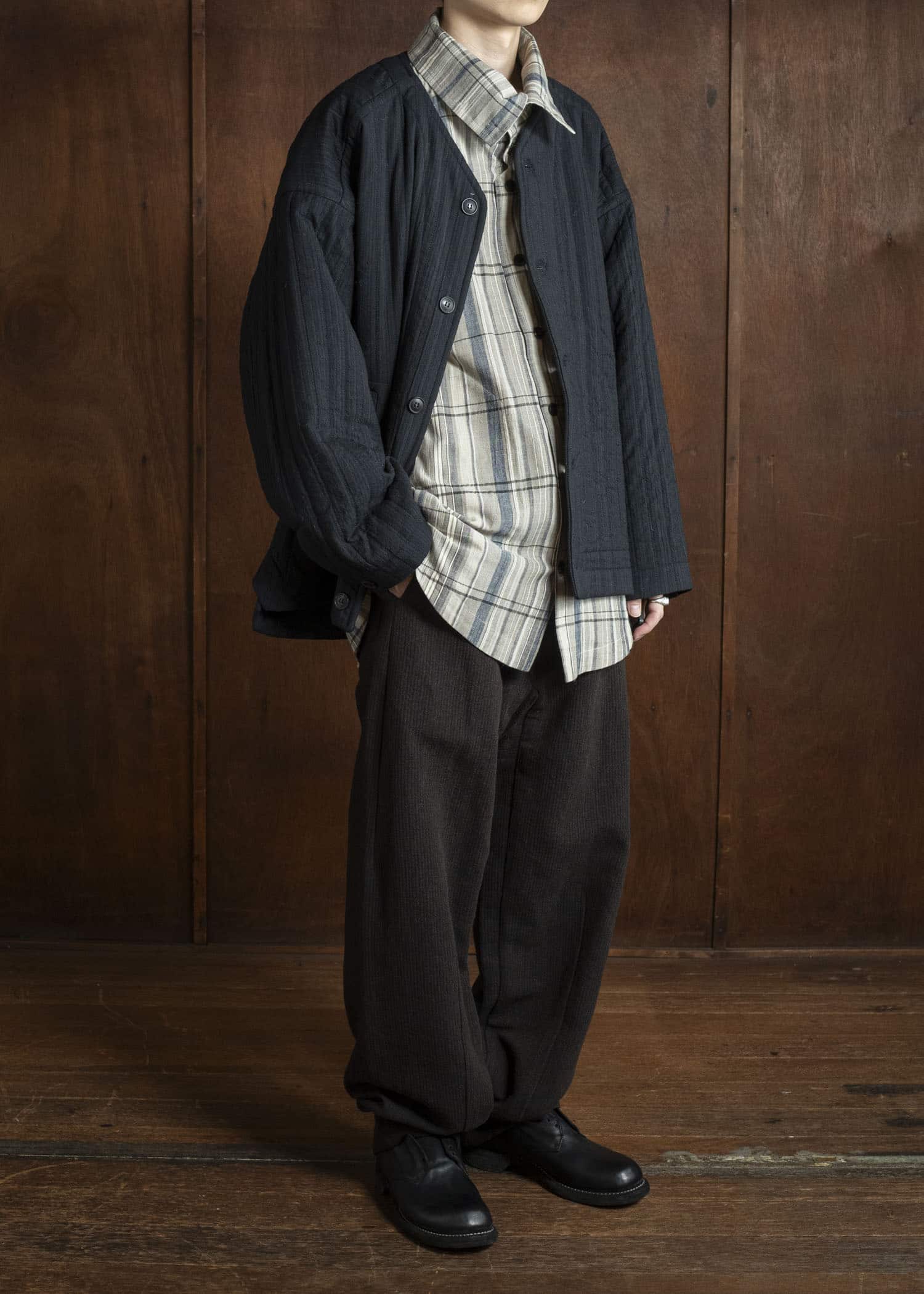 JAN-JAN VAN ESSCHE JACKET #62 COLLARLESS PADDED JACKET Medium Seersucker Dark Stripe