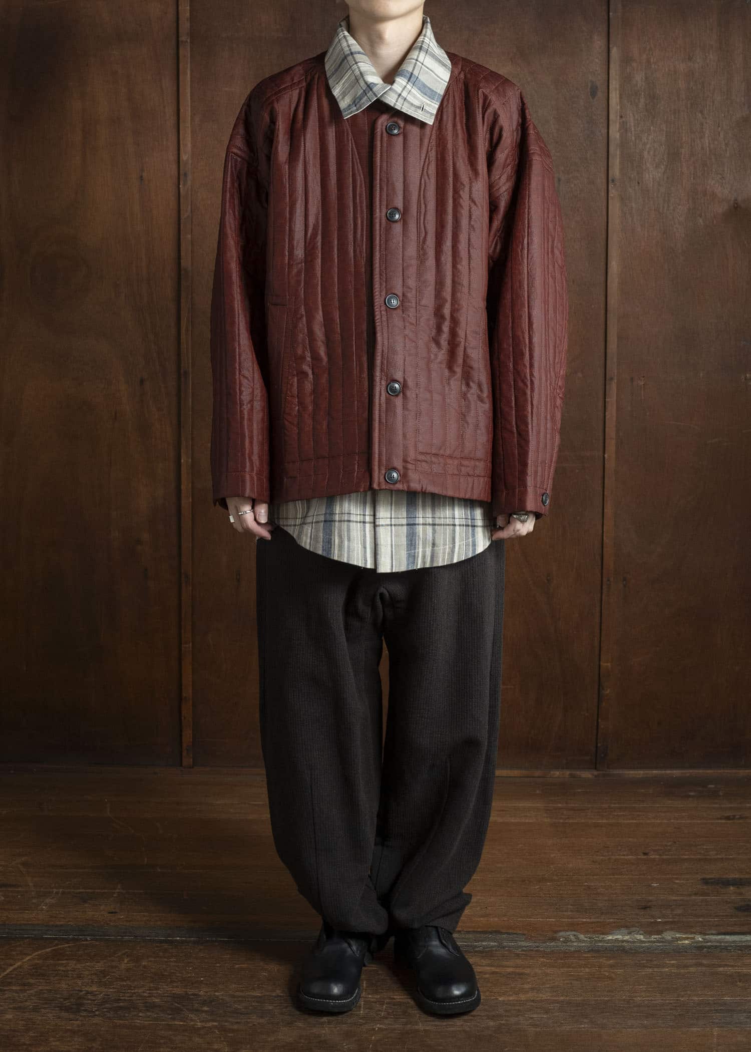 JAN-JAN VAN ESSCHE JACKET #62 COLLARLESS PADDED JACKET Shuliang Silk Padded Oxblood