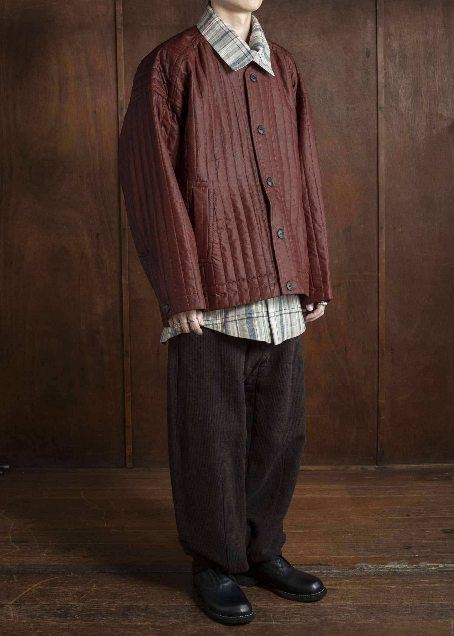 JAN-JAN VAN ESSCHE JACKET #62 COLLARLESS PADDED JACKET Shuliang Silk Padded Oxblood