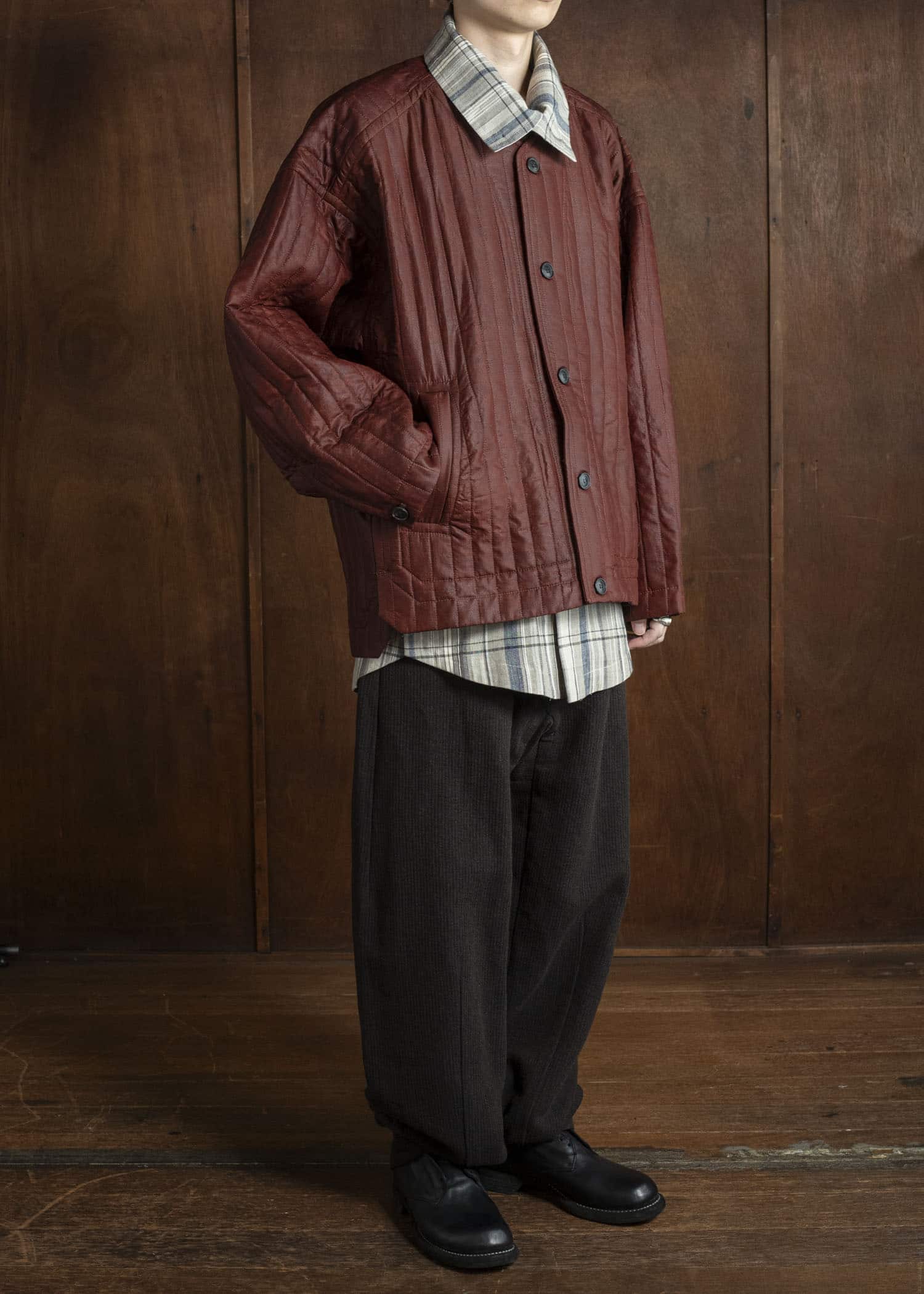 JAN-JAN VAN ESSCHE JACKET #62 COLLARLESS PADDED JACKET Shuliang Silk Padded Oxblood