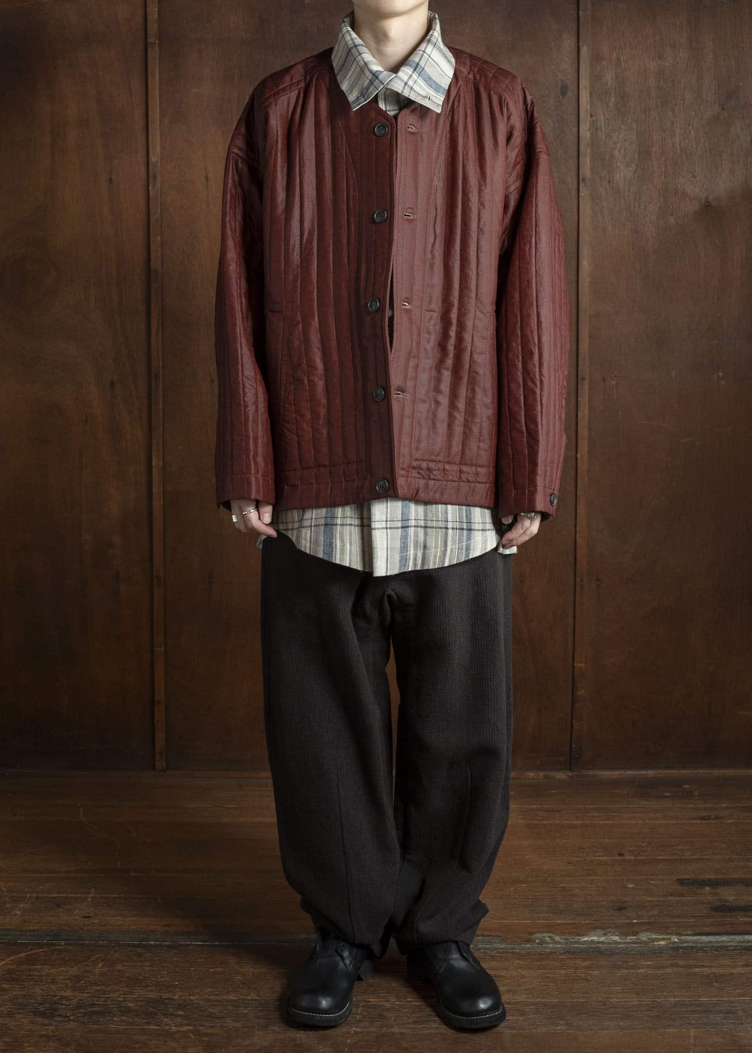 JAN-JAN VAN ESSCHE JACKET #62 COLLARLESS PADDED JACKET Shuliang Silk Padded Oxblood