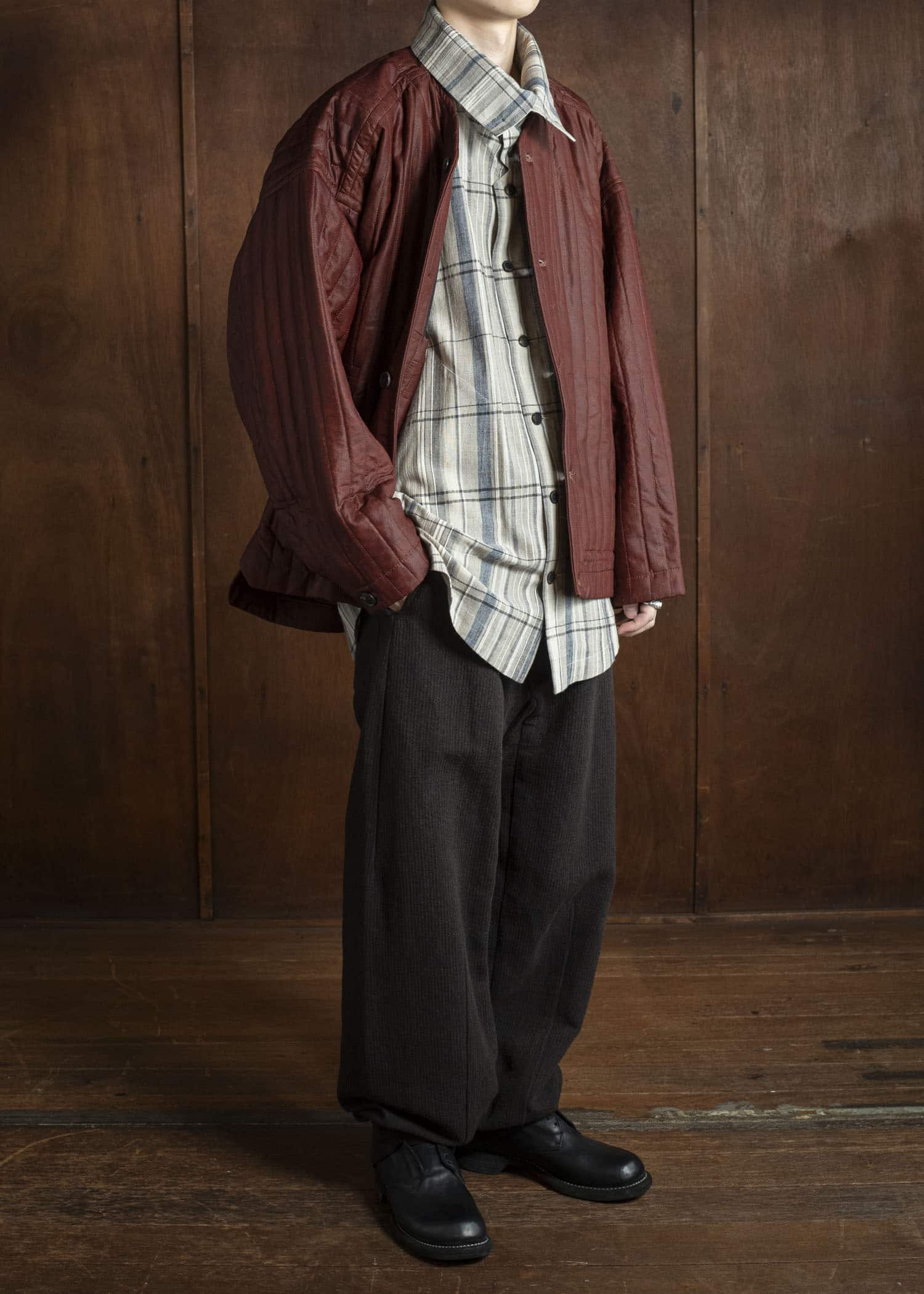 JAN-JAN VAN ESSCHE JACKET #62 COLLARLESS PADDED JACKET Shuliang Silk Padded Oxblood