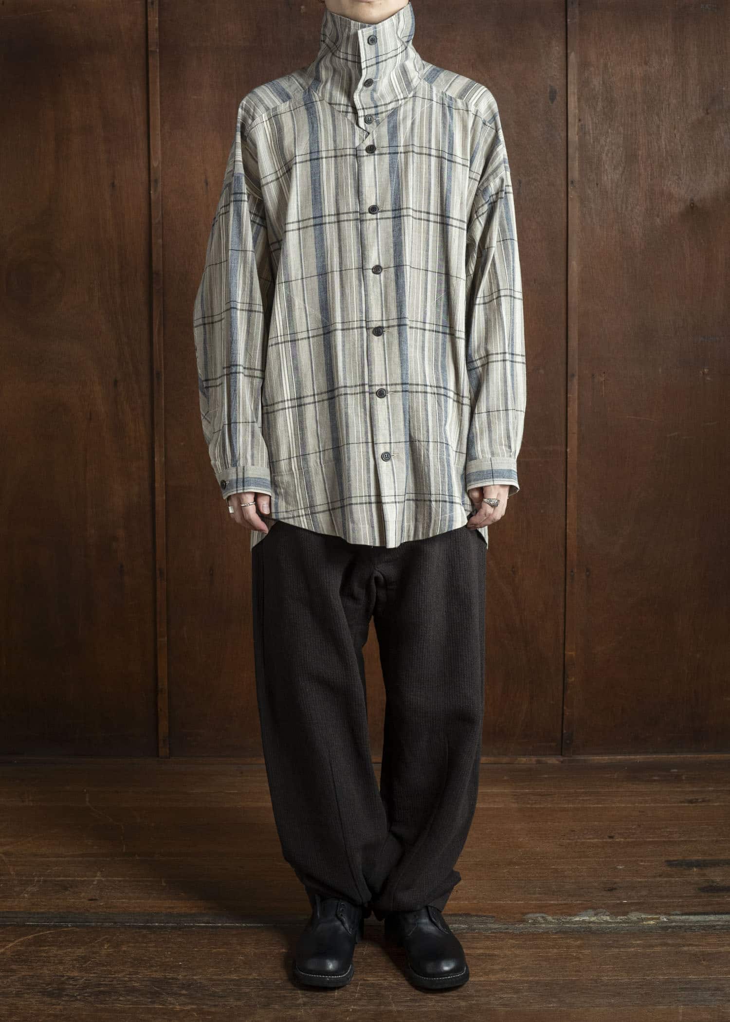 JAN-JAN VAN ESSCHE TROSERS #72 CHINO STYLE TROUSERS Ridged Linen Wool Eggplant / Indigo