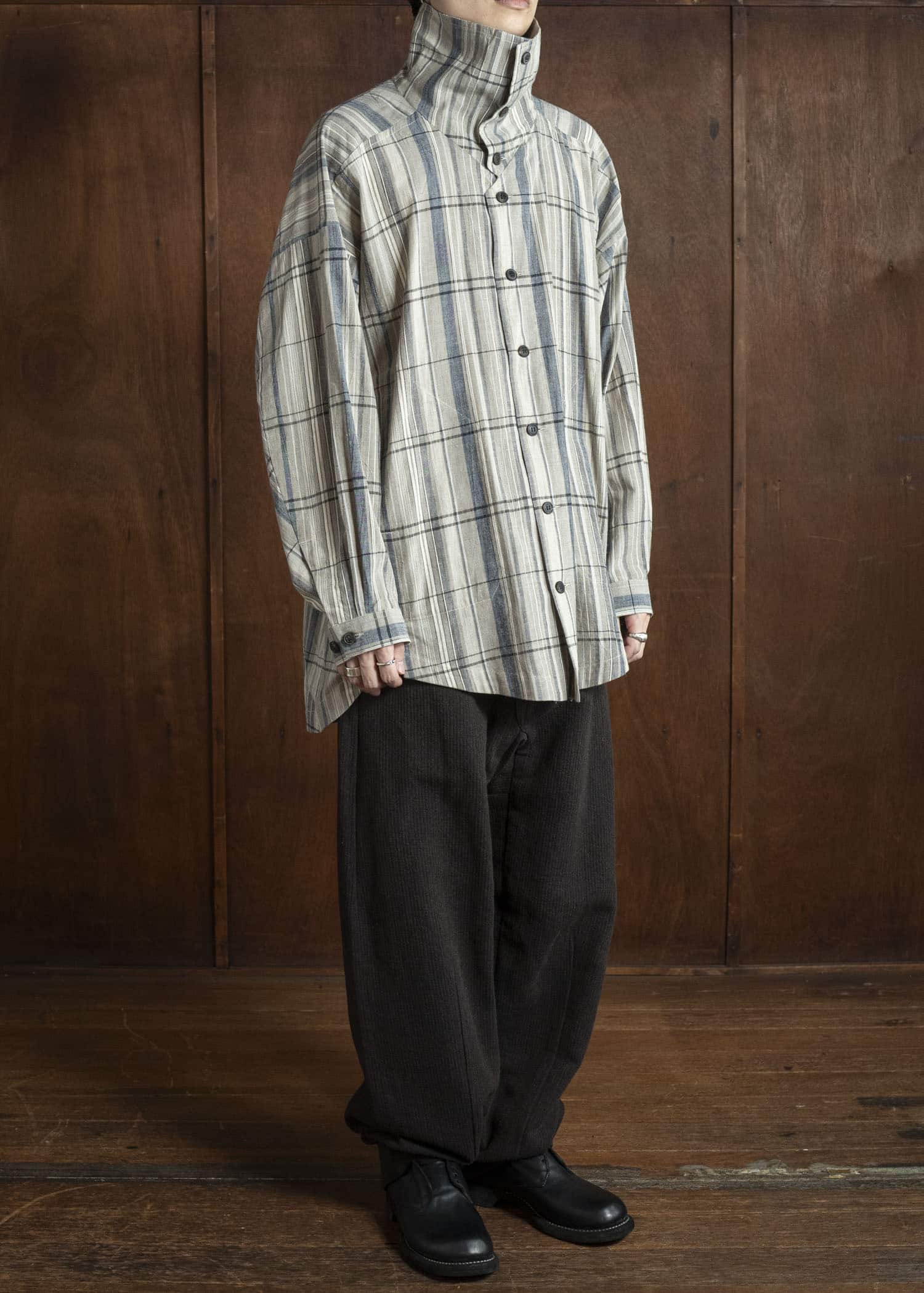 JAN-JAN VAN ESSCHE TROSERS #72 CHINO STYLE TROUSERS Ridged Linen Wool Eggplant / Indigo