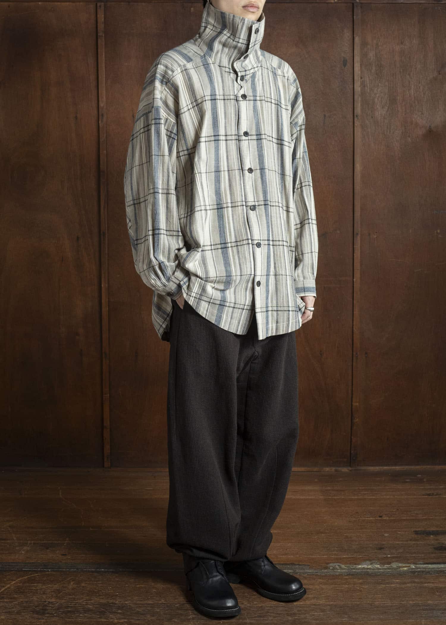 JAN-JAN VAN ESSCHE TROSERS #72 CHINO STYLE TROUSERS Ridged Linen Wool Eggplant / Indigo