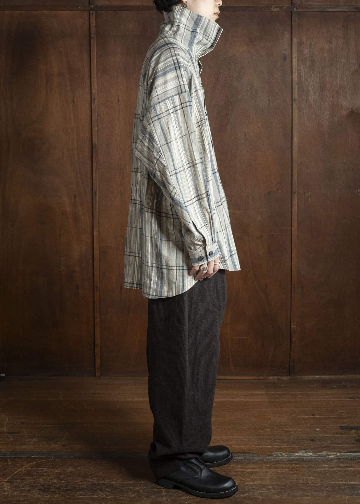 JAN-JAN VAN ESSCHE TROSERS #72 CHINO STYLE TROUSERS Ridged Linen Wool Eggplant / Indigo