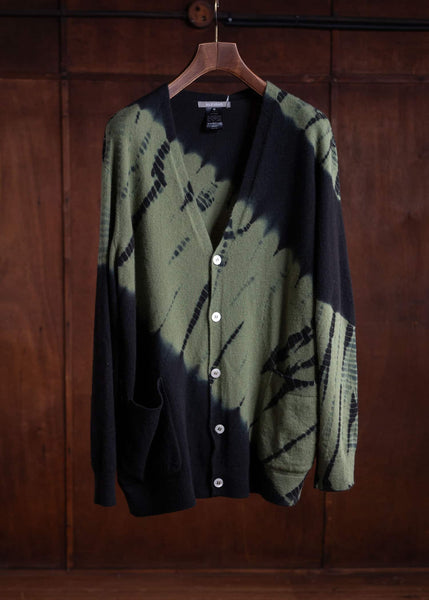 SUZUSAN Cashmere Seamless Wide Cardigan Tesuji Yoroidan Shibori Diagonal Black x Leaf Green