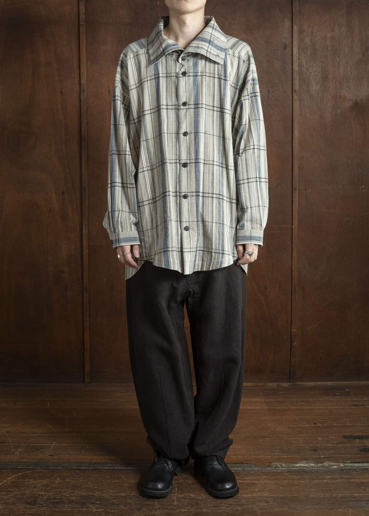 JAN-JAN VAN ESSCHE TROSERS #72 CHINO STYLE TROUSERS Ridged Linen Wool Eggplant / Indigo