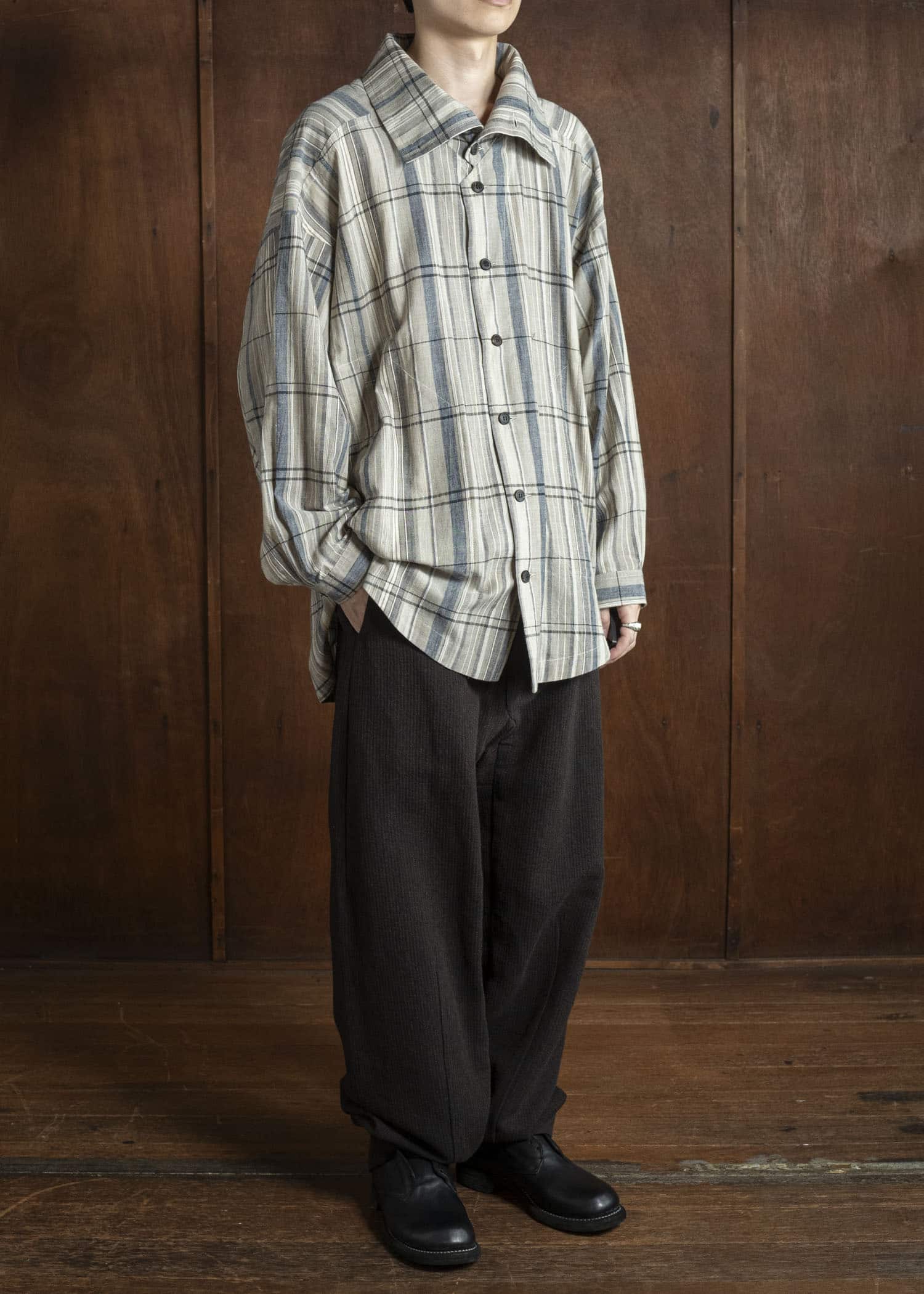 JAN-JAN VAN ESSCHE TROSERS #72 CHINO STYLE TROUSERS Ridged Linen Wool Eggplant / Indigo