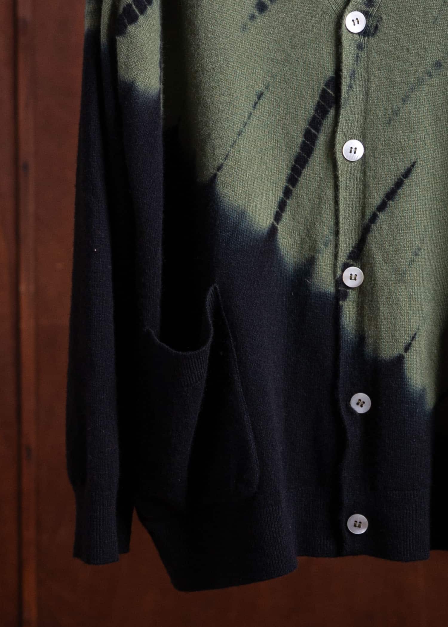 SUZUSAN Cashmere Seamless Wide Cardigan Tesuji Yoroidan Shibori Diagonal Black x Leaf Green